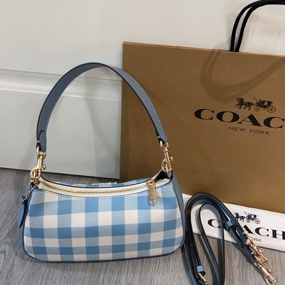Coach Light Blue Gingham Shoulder Bag with Gold Hardware - Picture 7 of 7